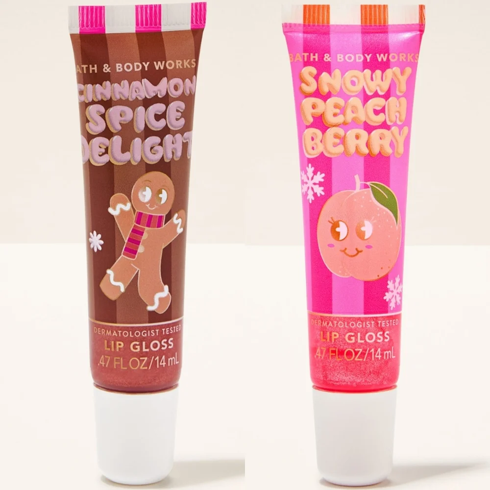 Bath & Body Works Cinnamon Spice Delight & Snowy Peach Berry Lip Gloss NEW RARE